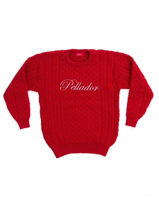 Merino Wool Embroidered Aran Jumper Red